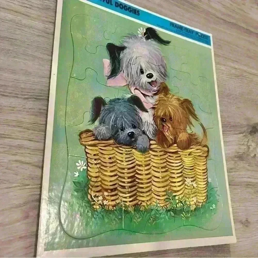 Vintage 1968 Rainbow Works Cardboard Frame Tray Puzzle Delightful Doggies 11x13 - Picture 6 of 6